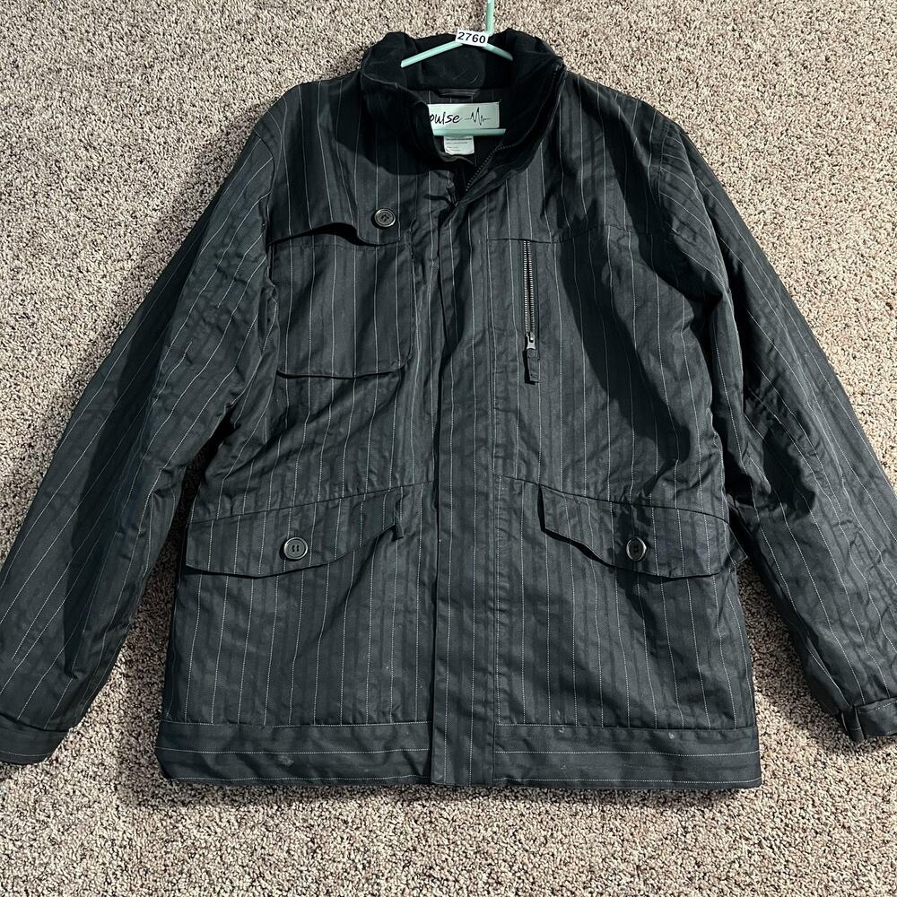 Pulse Jacket Mens‎ Large Black Pinstripe Insulated Utility Multi Pocket Field